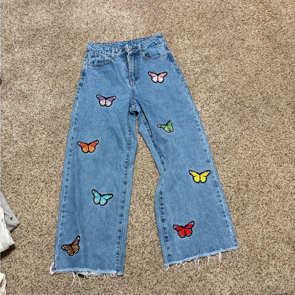 SHEIN Blue Jeans with Colorful Butterfly Embroidery
